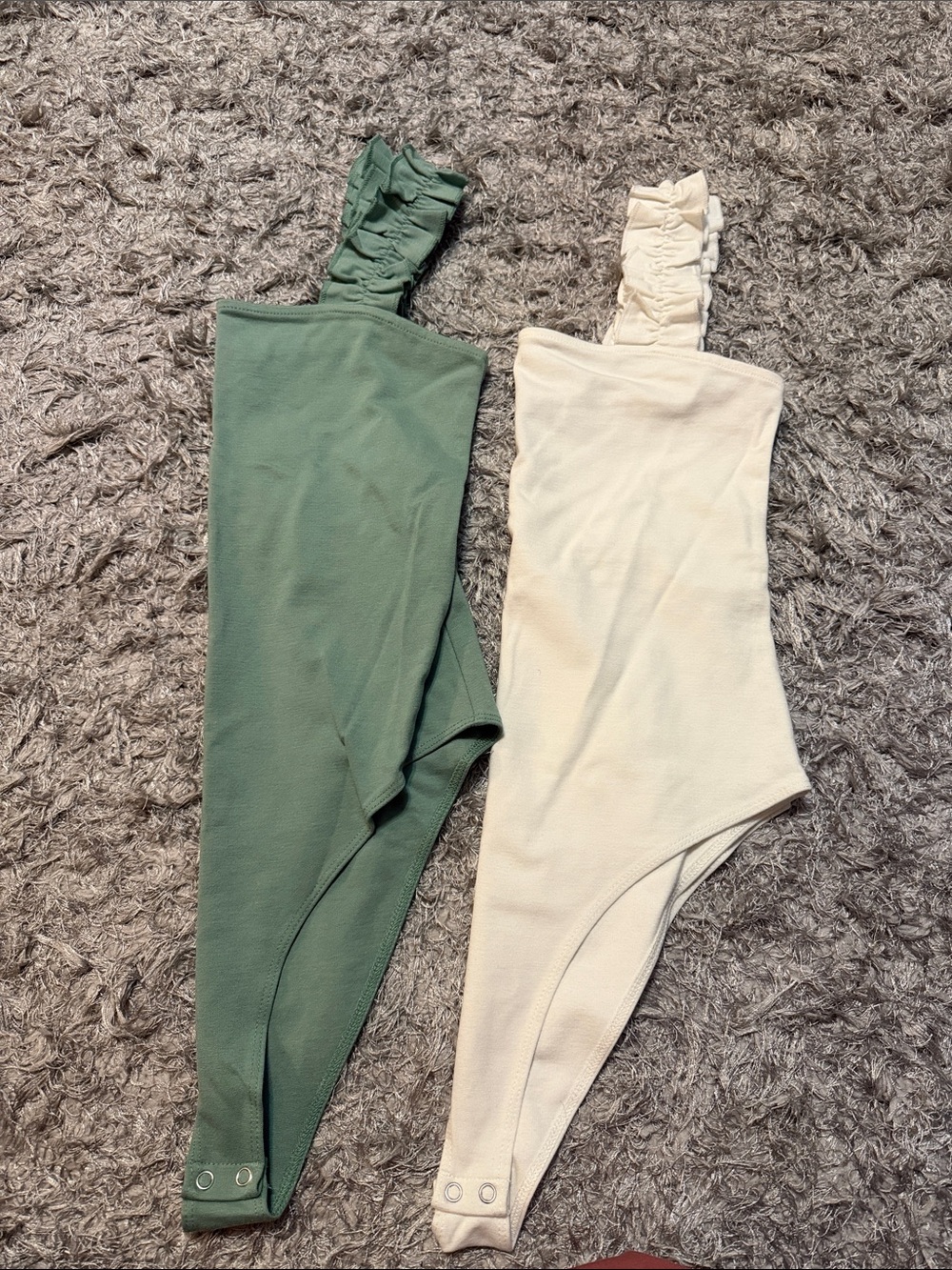 Forever 21 One-Shoulder Ribbed Bodysuits in Sage Green and Cream